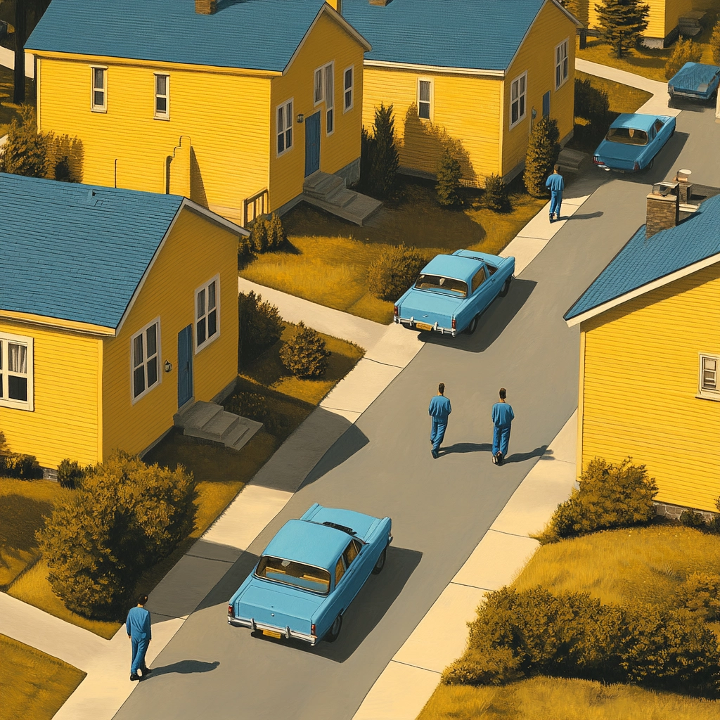 Brandless town of yellow houses and blue cars