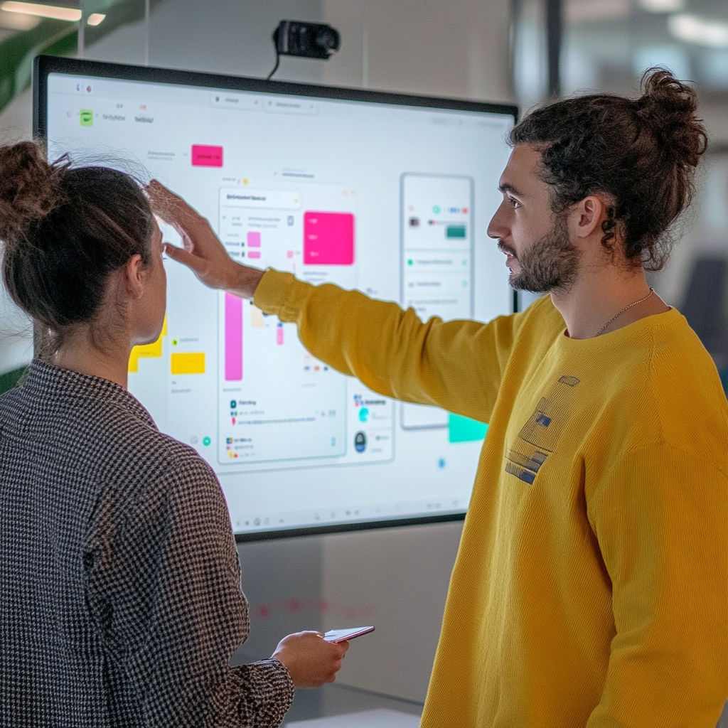 Two designers looking at a giant screen, going over designs