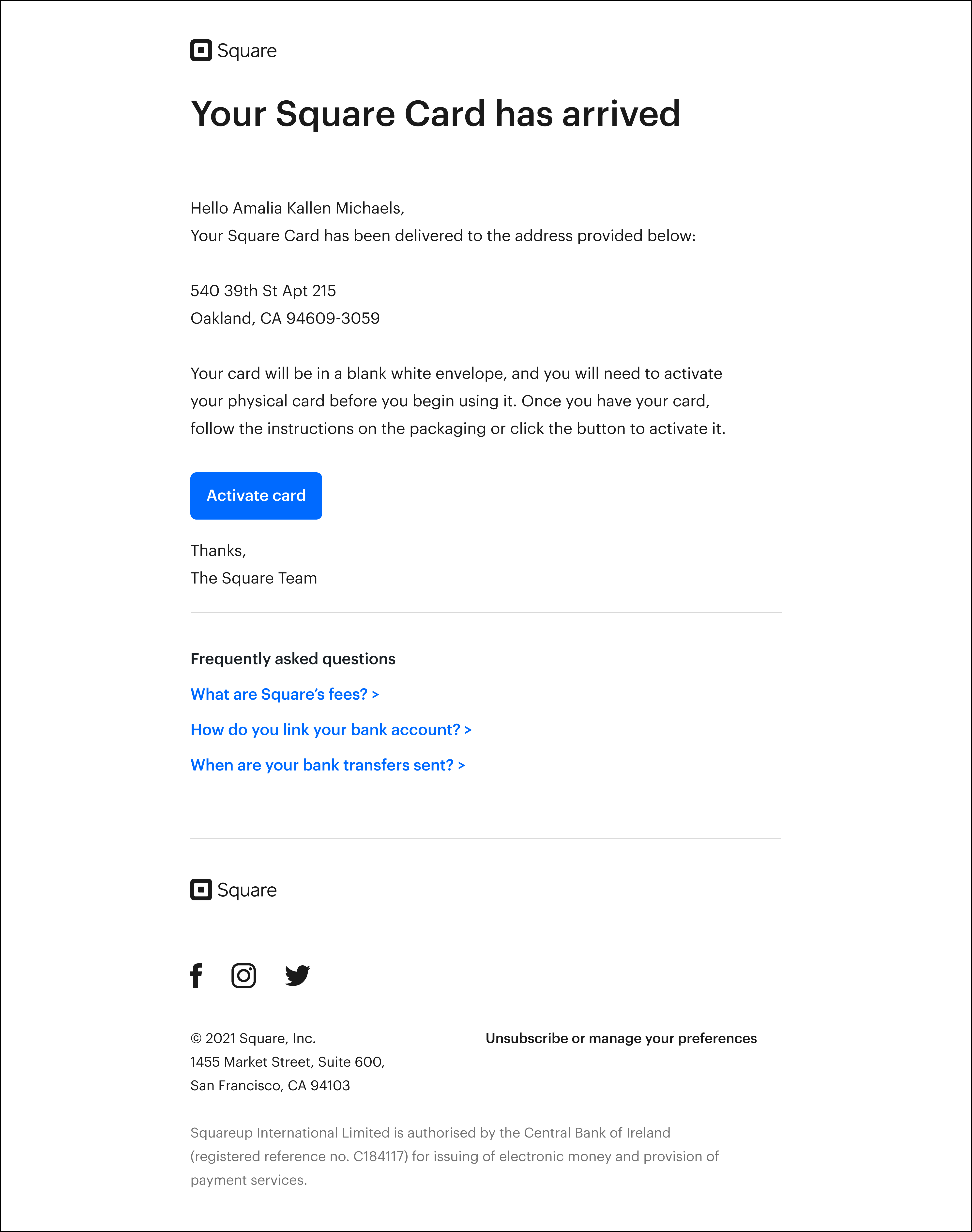 Square Card email